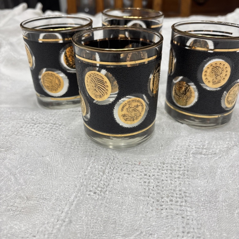 4 Vintage Libbey Black  Gold Coin Design MCM Whiskey lowball Juice Glasses